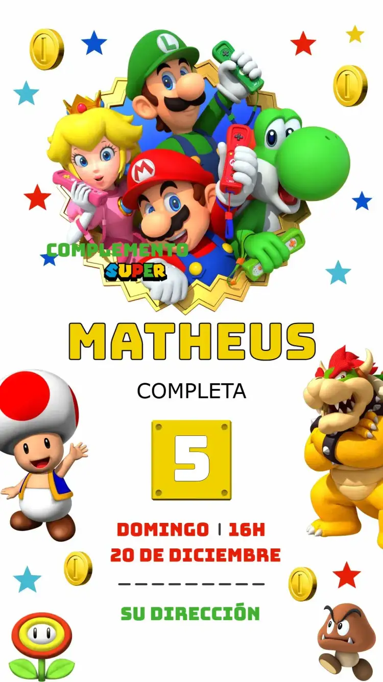 Invitación Super Mario – tema Cumpleaños Infantil colorido, divertido, juegos, vibrante, temático, infantil