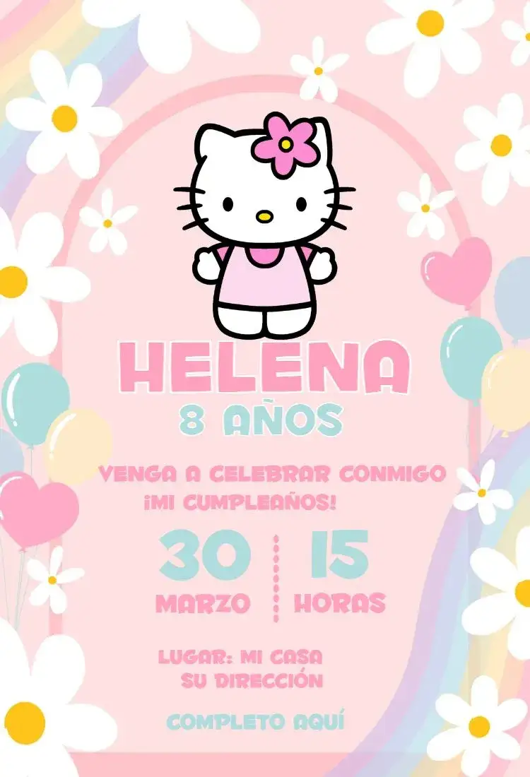 Invitación Hello Kitty 1 – tema Cumpleaños rosa, infantil, lúdico, colorido, divertido