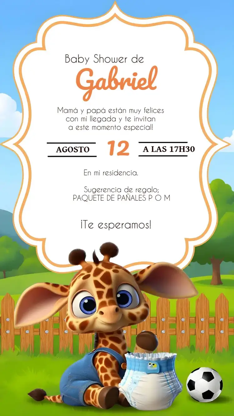 Invitación Baby Shower Tema Jirafa Niño – tema Baby Shower jirafa, azul, infantil, juguetón, moderno