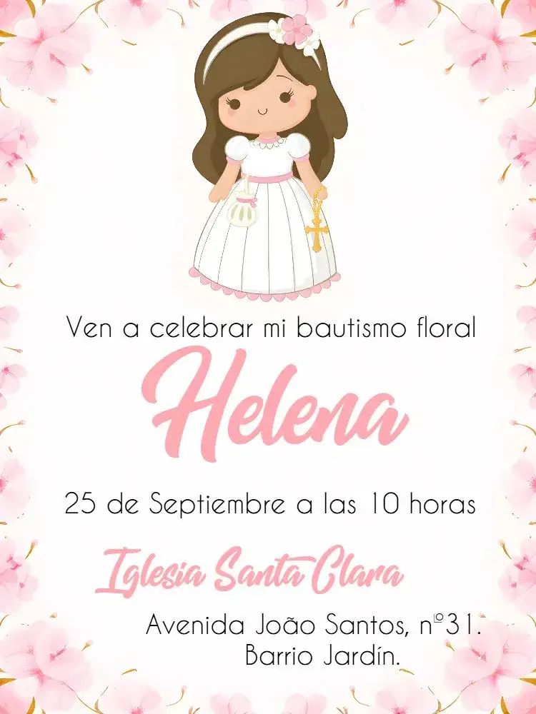 Invitación Bautizo Niña – tema Bautismo floral, delicado, rosa, blanco, angelitos