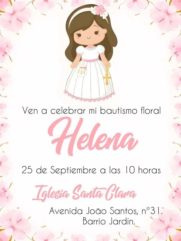 Invitación Bautizo Niña editable y personalizable