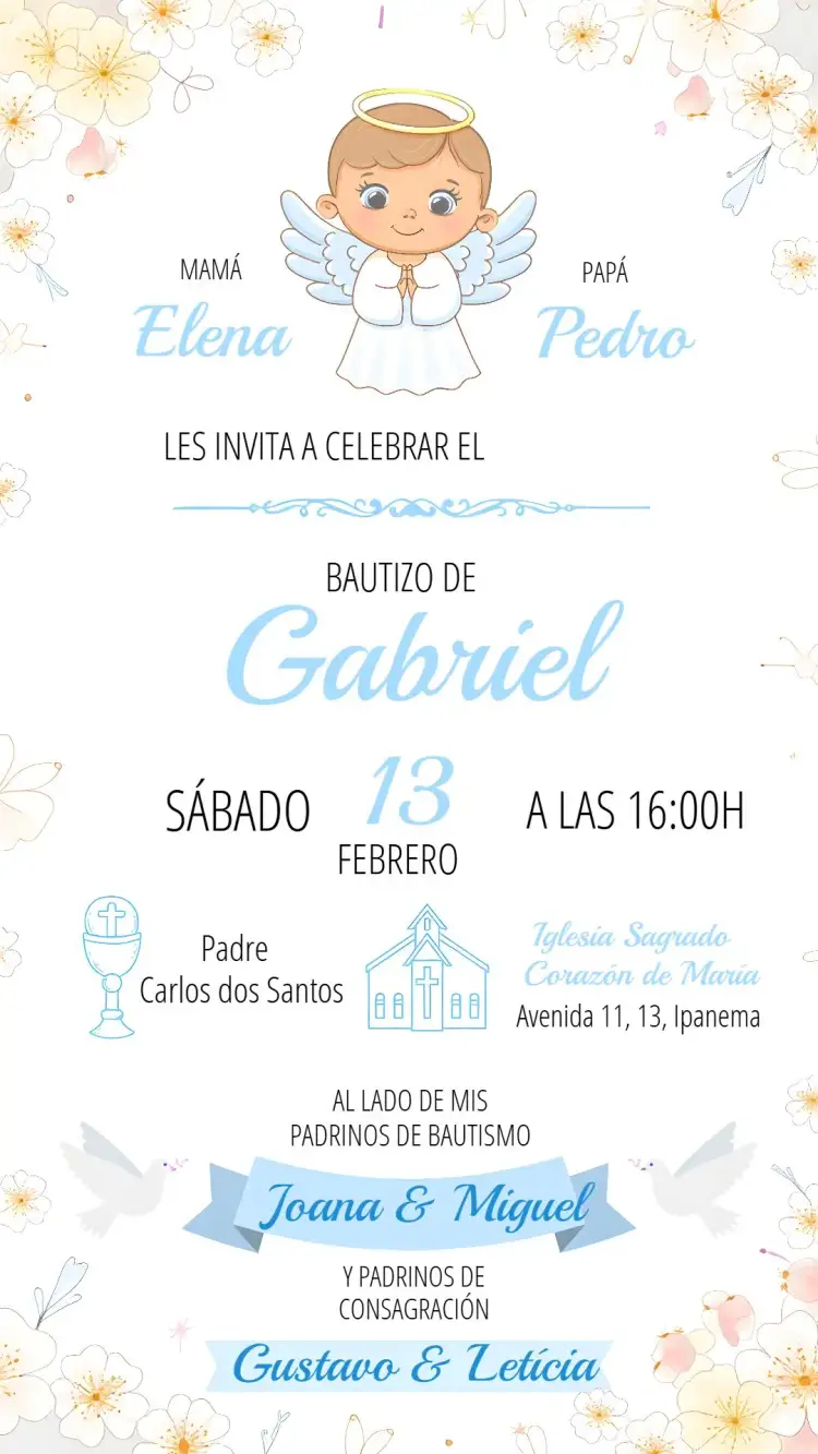 Invitación Invitación Bautizo Flor – tema Bautismo floral, azul, moderno, delicado, infantil