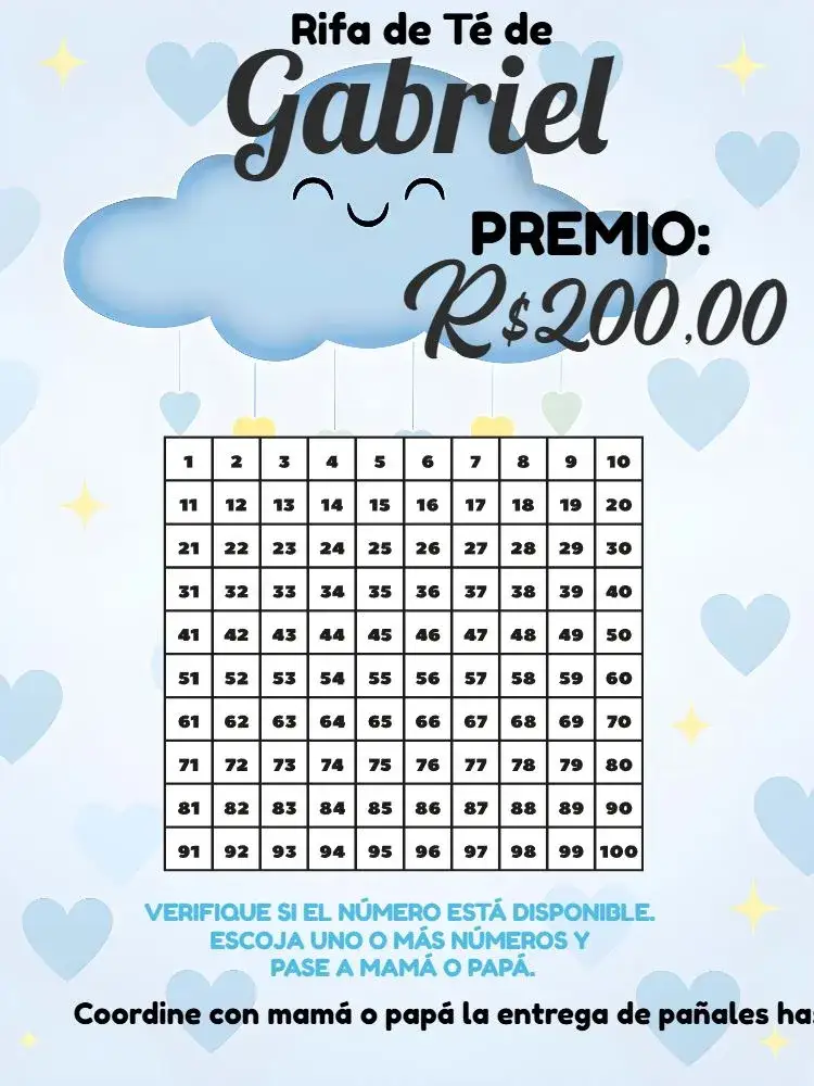 Invitación Té Rifa Lluvia De Amor Cartela – tema Té Rifa azul y blanco, nubes, moderno, infantil, encantador, delicado