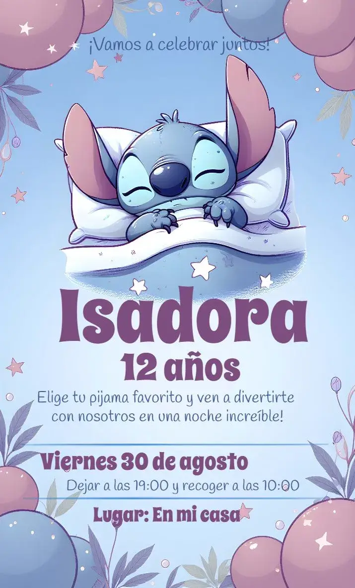 Invitación Fiesta Pijama Stitch Lilo Azul