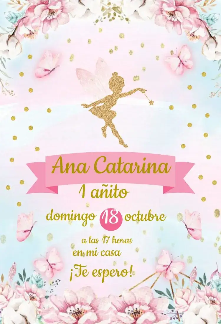 Invitación Hada Hadiña – tema Cumpleaños Infantil floral, dorado, mágico, colorido, fantasía, infantil