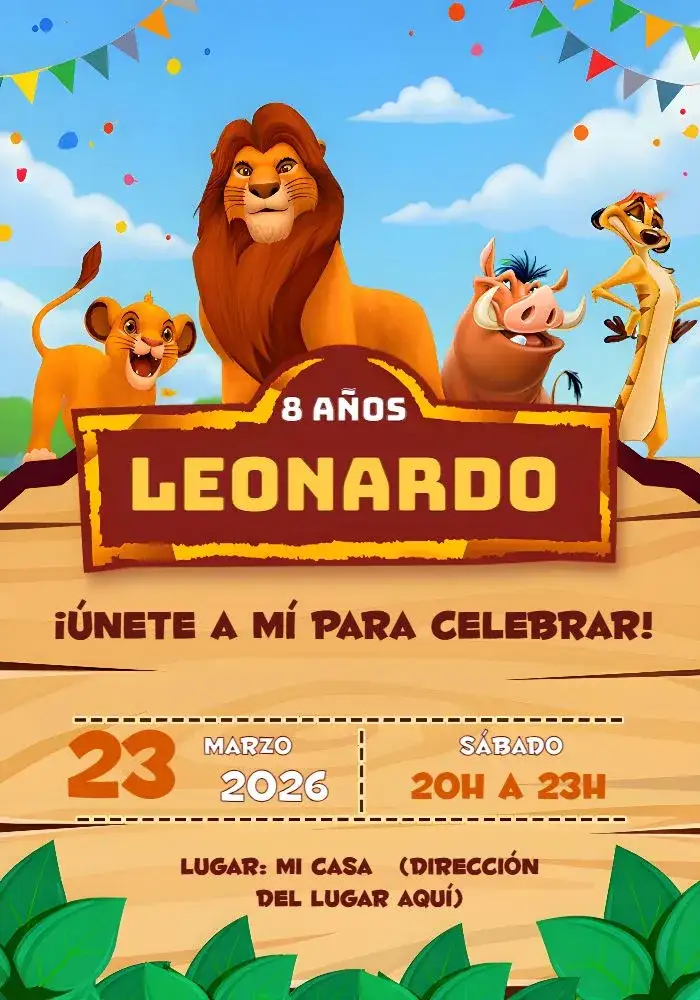 Invitación Rey León Mufasa Película – tema Cumpleaños Infantil salvaje, colorido, divertido, infantil, animales, aventurero