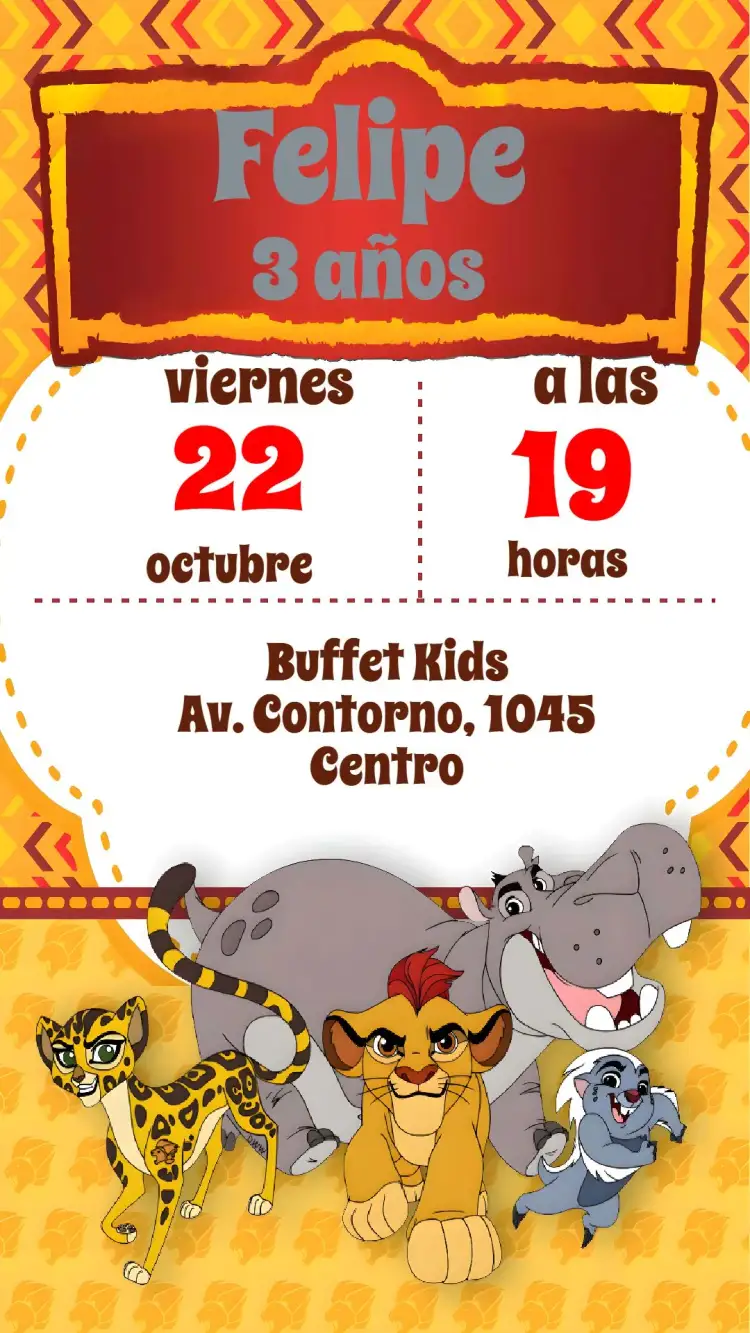 Invitación La Guardia del Rey León – tema Cumpleaños Infantil temática safari, colores cálidos, ilustraciones divertidas, estilo de caricatura, elementos de la naturaleza, diseño alegre