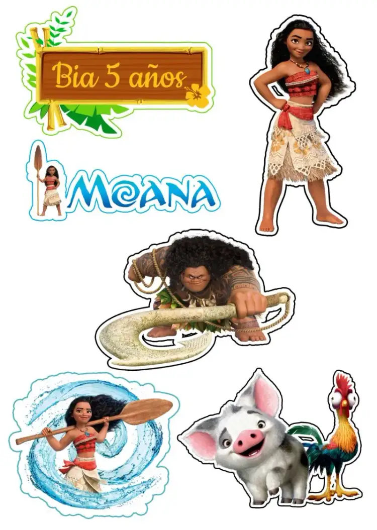 Invitación Topo de Pastel Moana Maui – tema Topper de torta colorido, tropical, aventura, marítimo, mitología polinesia