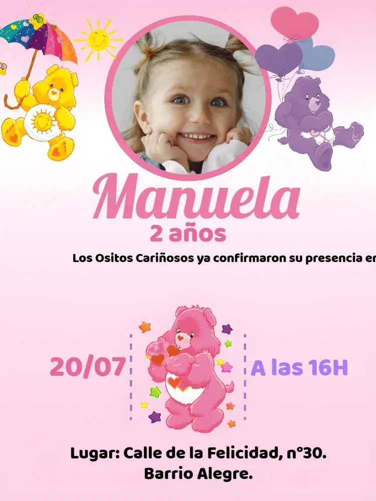 Invitación Os Ositos Cariñosos Con Foto Rosa – tema Cumpleaños Infantil rosa, tierno, infantil, colorido, divertido, nubes