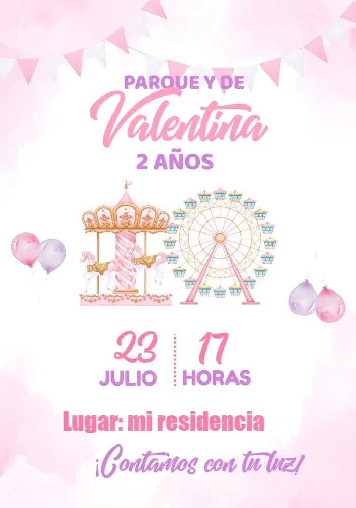 Invitación Parque De Diversiones Acuarela Lila