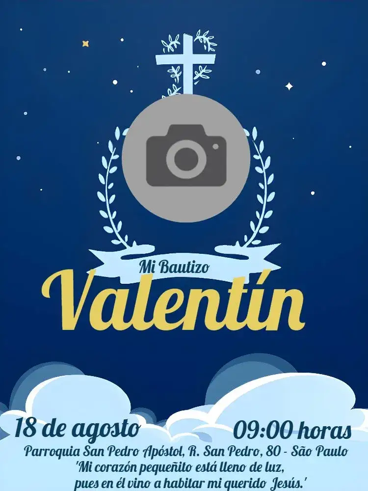 Invitación Bautizo Con Foto Azul – tema Bautismo azul suave, minimalista, moderno, con foto, elegante, sereno