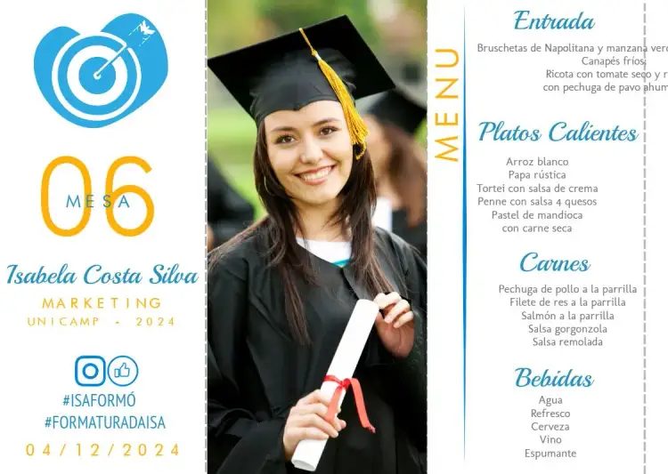 Invitación Menú Triángulo Graduación Marketing Con Foto del Graduando – tema Graduación moderno, elegante, minimalista, colorido, joven, personalizado