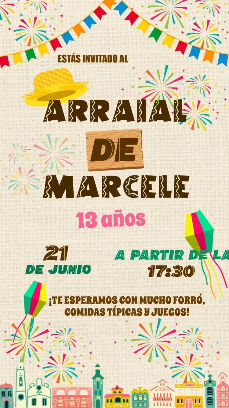 Invitación Arraiá São – tema Fechas Conmemorativas colorido, típico, festivo, vibrante, tradicional