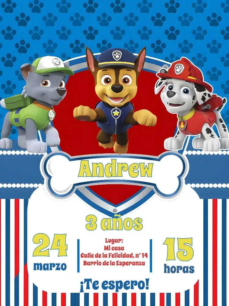 Invitación Patrulla Canina Perro – tema Cumpleaños Infantil colorido, divertido, temático, infantil, animales, aventura