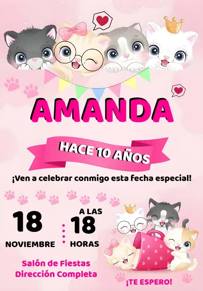 Invitación Gato Gatinho Blanco – tema Más buscados bonito, colorido, lúdico, moderno, tema de animais, infantil