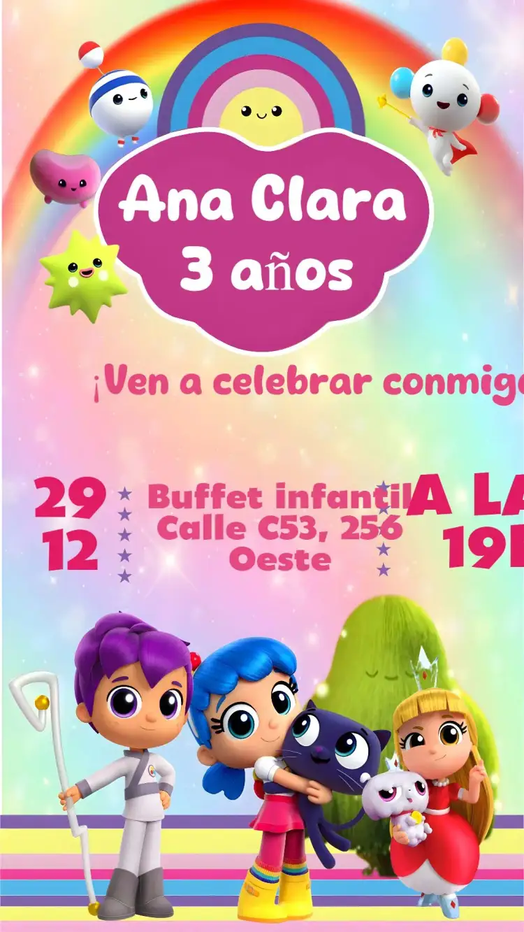 Invitación Vera y el Reino del Arcoíris – tema Cumpleaños Infantil colorido, fantasía, brillante, divertido, mágico, ilustrativo