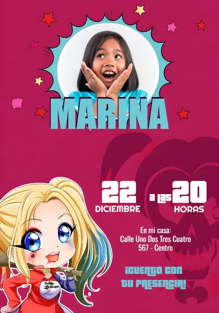 Invitación Arlequina Con Foto Blanco – tema Cumpleaños Infantil colorido, moderno, de estilo de cómic, divertido, femenino
