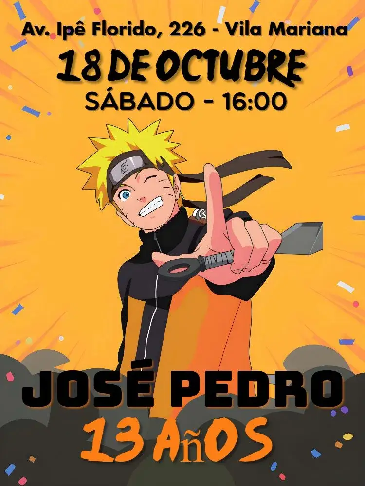 Invitación Naruto Hinata – tema Cumpleaños Infantil anime, colorido, temático, divertido, moderno