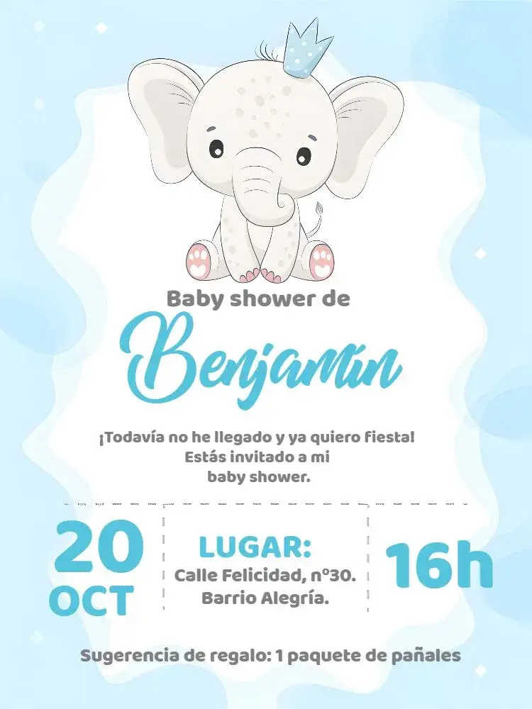 Invitación Baby Shower Elefantito Blanco – tema Baby Shower moderno, minimalista, infantil, blanco y azul, ilustraciones adorables