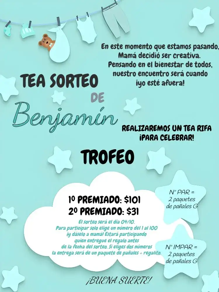 Invitación Chá Rifa Varal De Roupas Menino Azul – tema Té Rifa azul, blanco, negro, nubes, estrellas, moderno