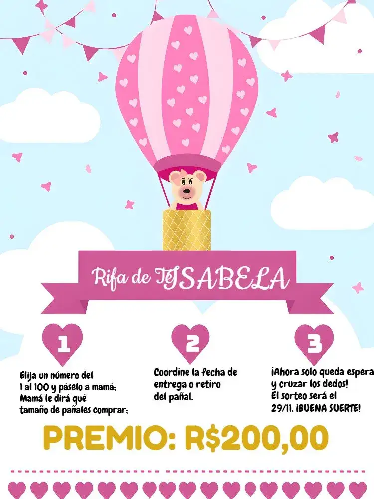 Invitación Té Rifa Osita Globos Cielo – tema Té Rifa adorable, lúdico, colorido, infantil, delicado, festivo