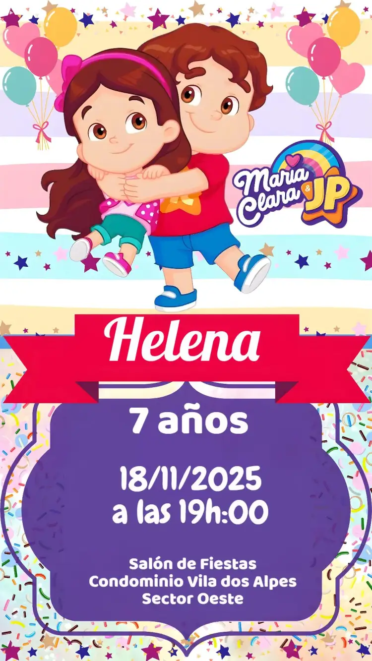 Invitación Maria Clara y JP – tema Cumpleaños Infantil colorido, lúdico, temático, divertido, alegre