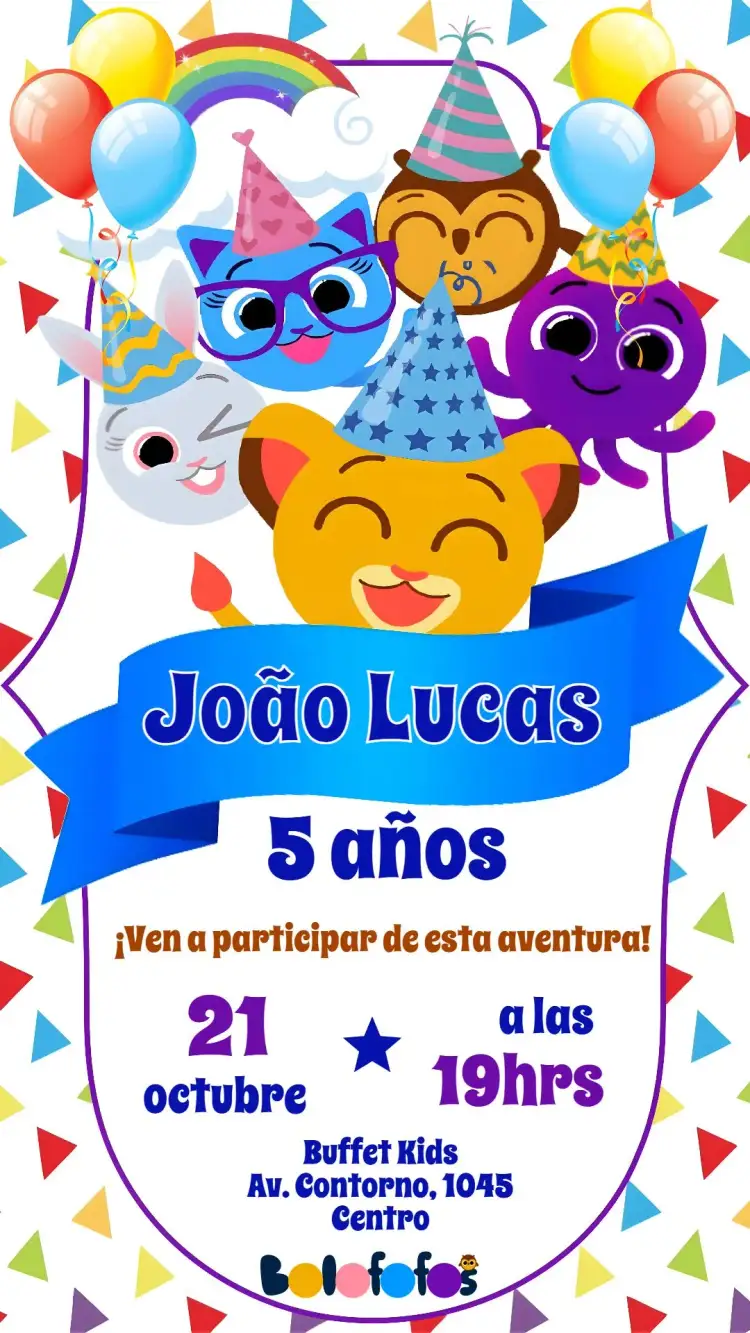 Invitación Bolofofos – tema Cumpleaños Infantil colorido, divertido, lúdico, moderno, temático