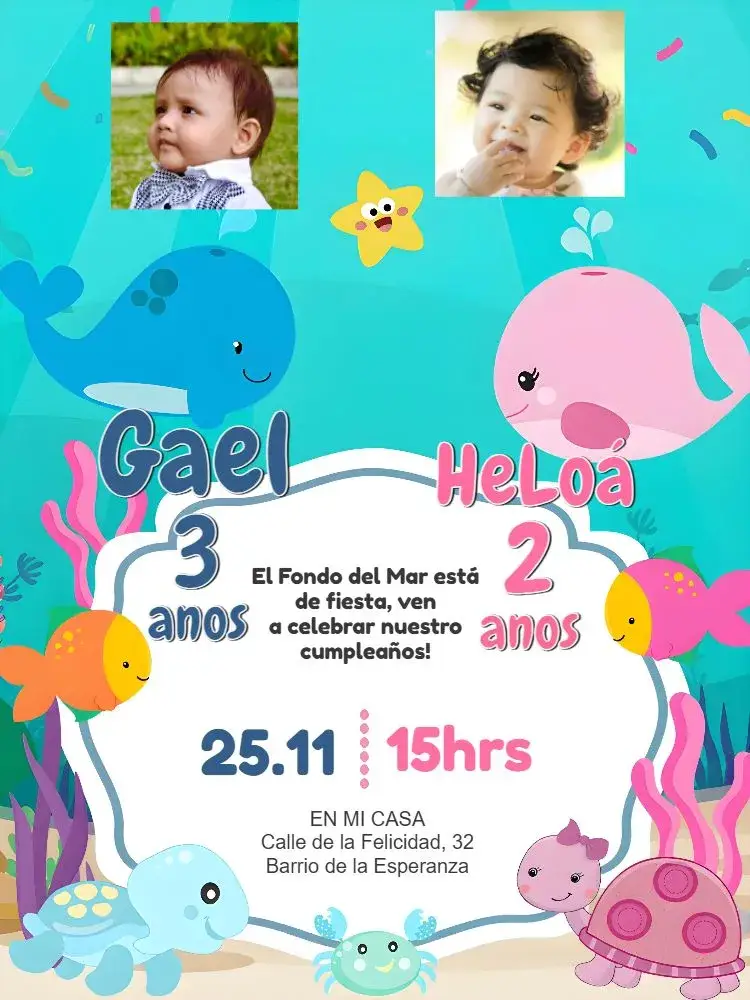 Invitación Doble Fondo Del Mar Con Foto Rosa