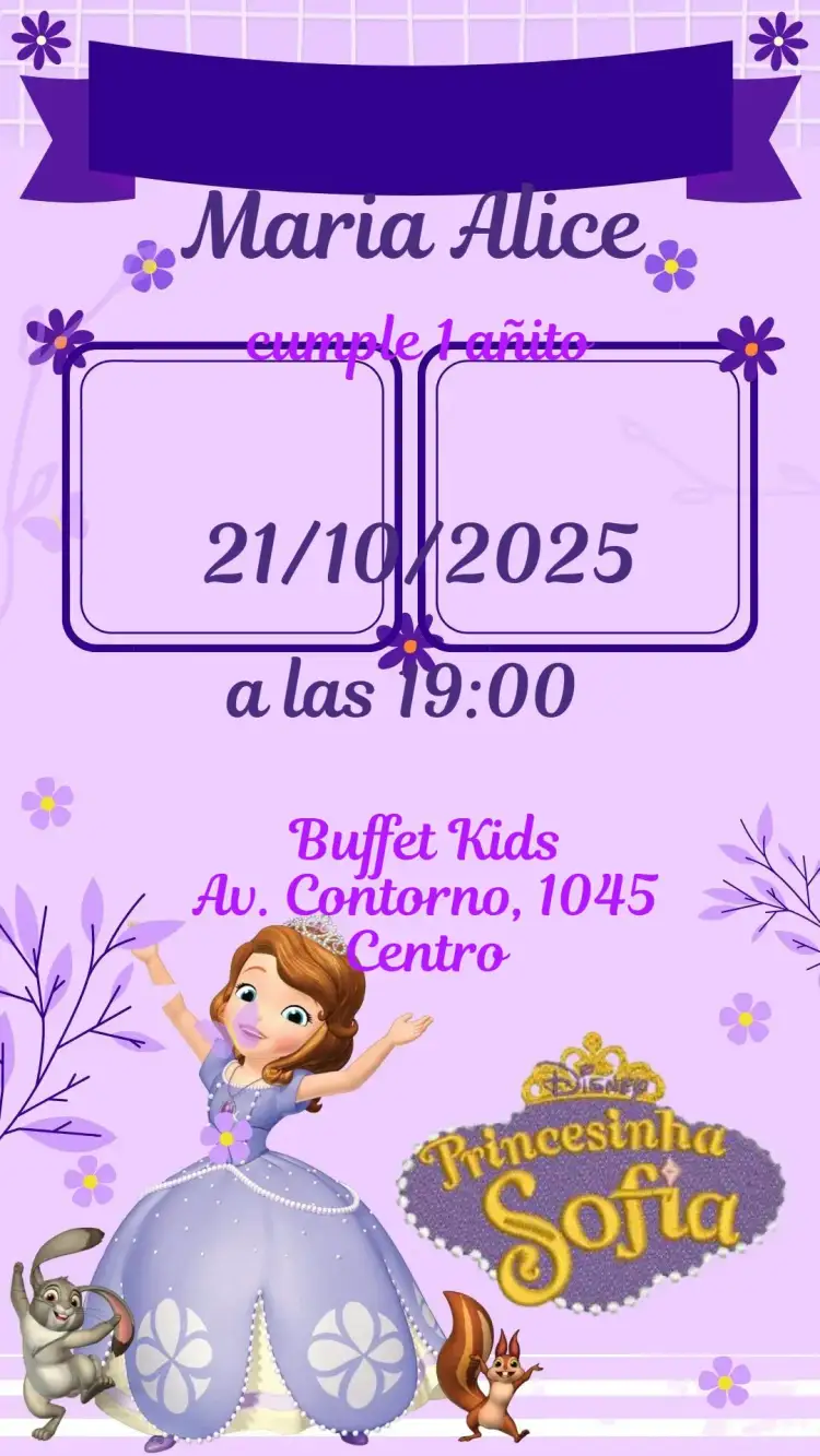 Invitación Princesita Sofía – tema Cumpleaños Infantil princesas, fantasía, encaje, colorido, mágico, ilustraciones infantiles
