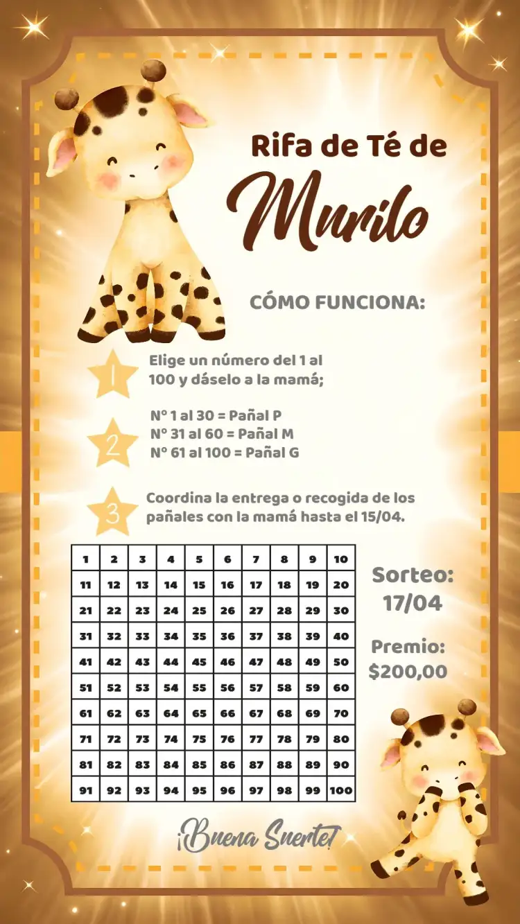 Invitación Té Rifa Jirafita Naranja – tema Té Rifa safari, colorido, divertido, infantil, moderno
