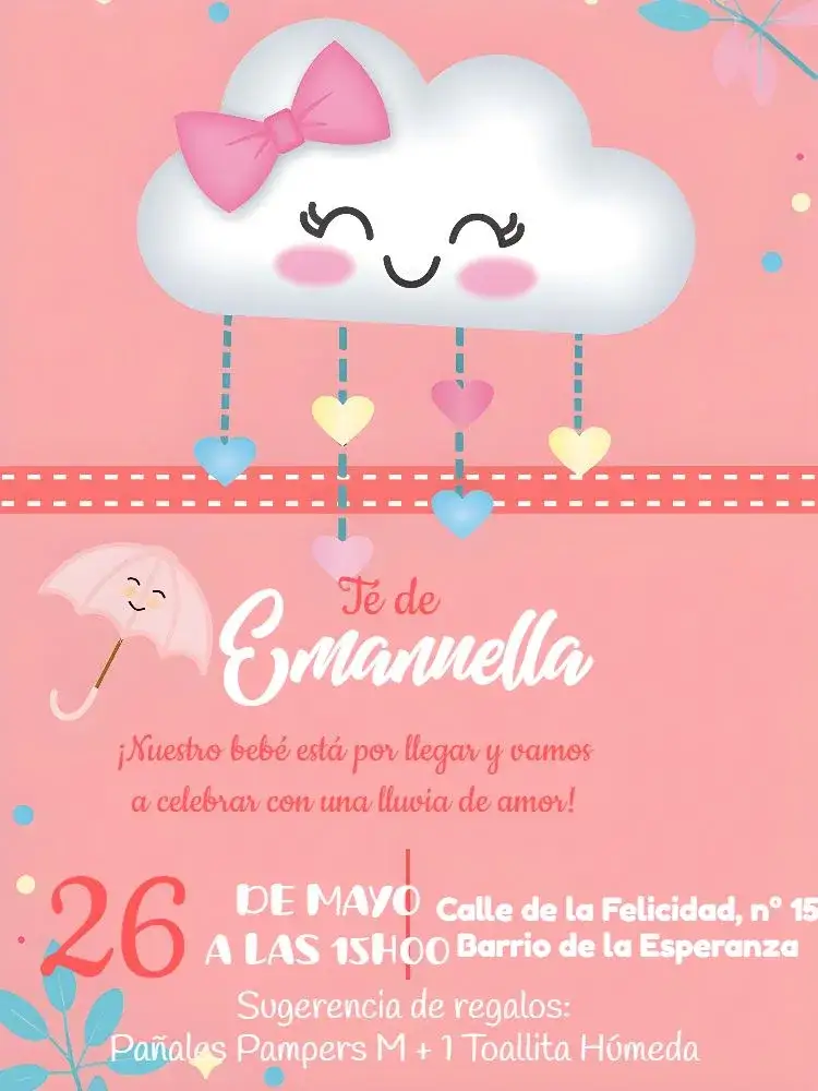 Invitación Baby Shower Rain of Love Pink – tema Baby Shower rosa, blanco, azul, a rayas, delicado, encantador