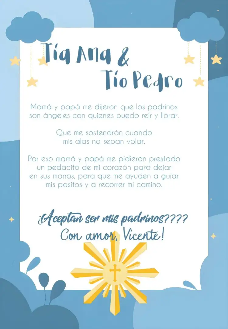 Invitación Padrinos De Bautizo Madrinas – tema Primera Comunión diseño minimalista, tonos azules, elementos religiosos, diseño delicado, estilo moderno