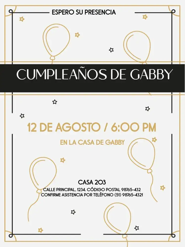 Invitación Claro Estrella – tema Cumpleaños Infantil moderno, delicado, blanco y dorado, estrellas, globos, joven