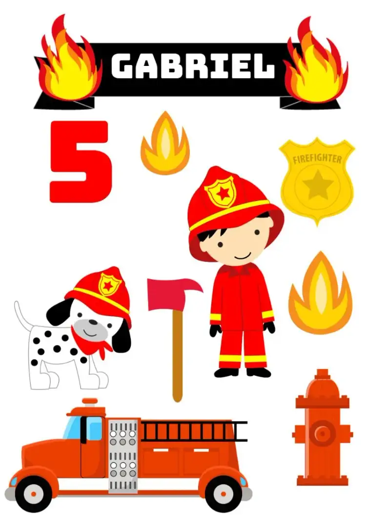 Invitación Topo De Pastel Bombero Llamas – tema Topper de torta animado, divertido, temático, colorido, infantil