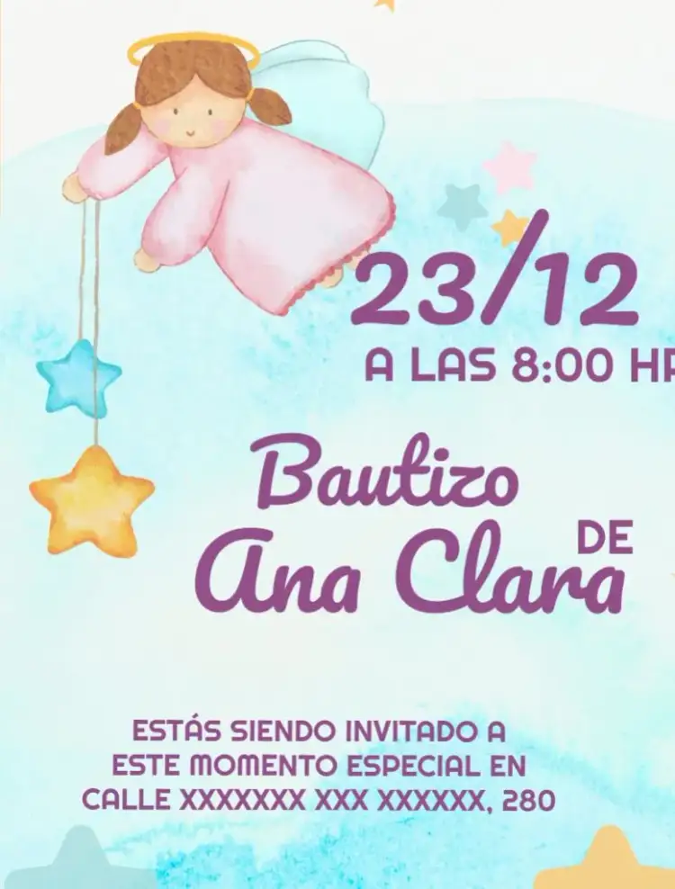Invitación Bautizo Niña Angelito Morado – tema Bautismo morado y naranja, angelitos, pajaritos, estilo moderno, diseño delicado, elementos religiosos