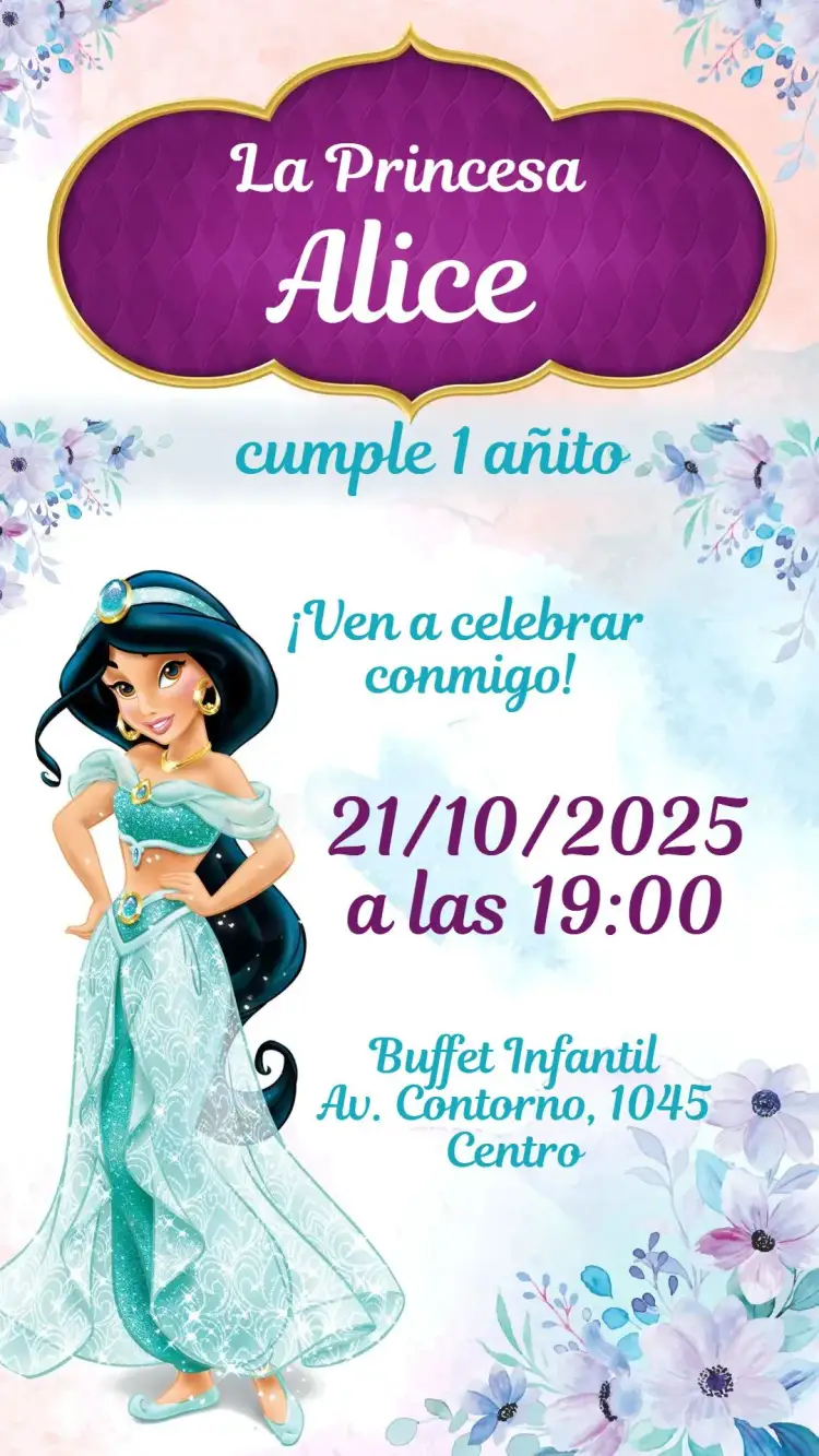 Invitación Princesa Jasmine – tema Cumpleaños Infantil colores vibrantes, elementos de cuento de hadas, ilustraciones de superhéroes, estilo moderno, mágico, fantasía