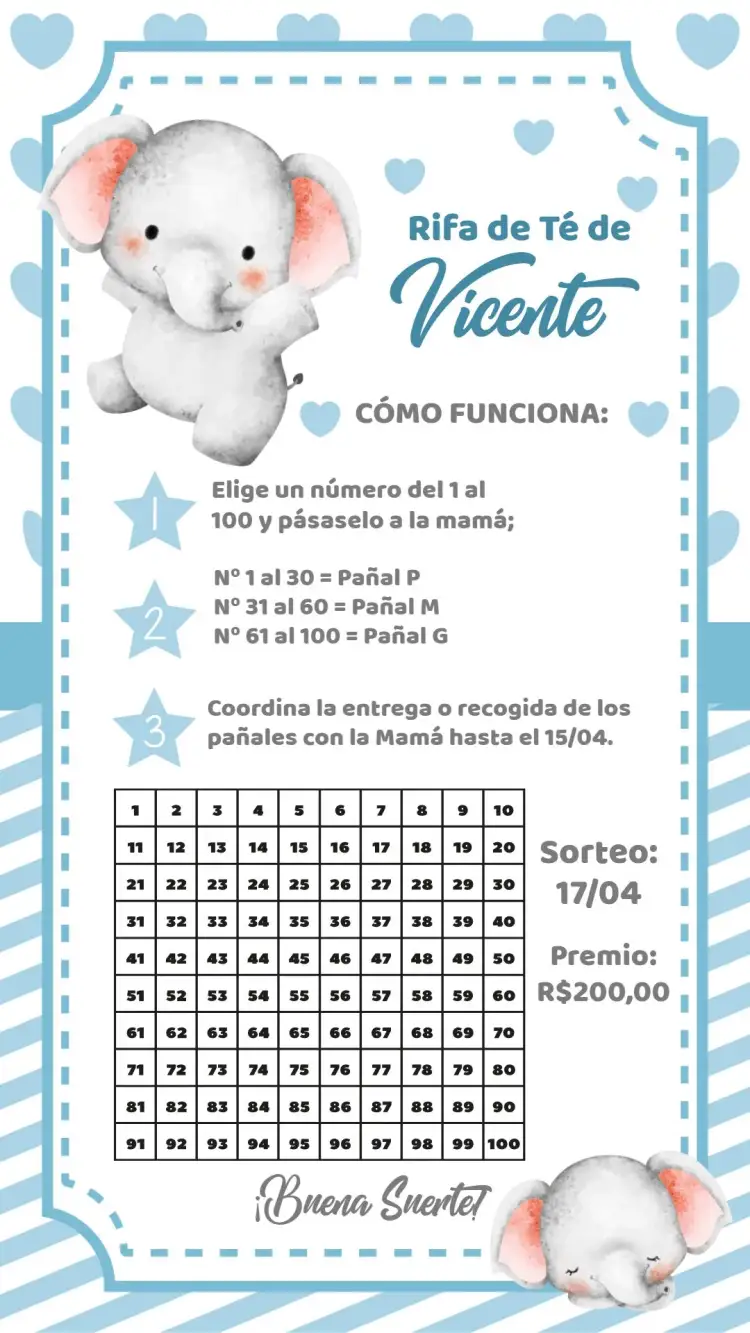 Invitación Té Rifa Elefantito Premio – tema Té Rifa azul y blanco, minimalista, divertido, infantil, moderno, ilustración de animales