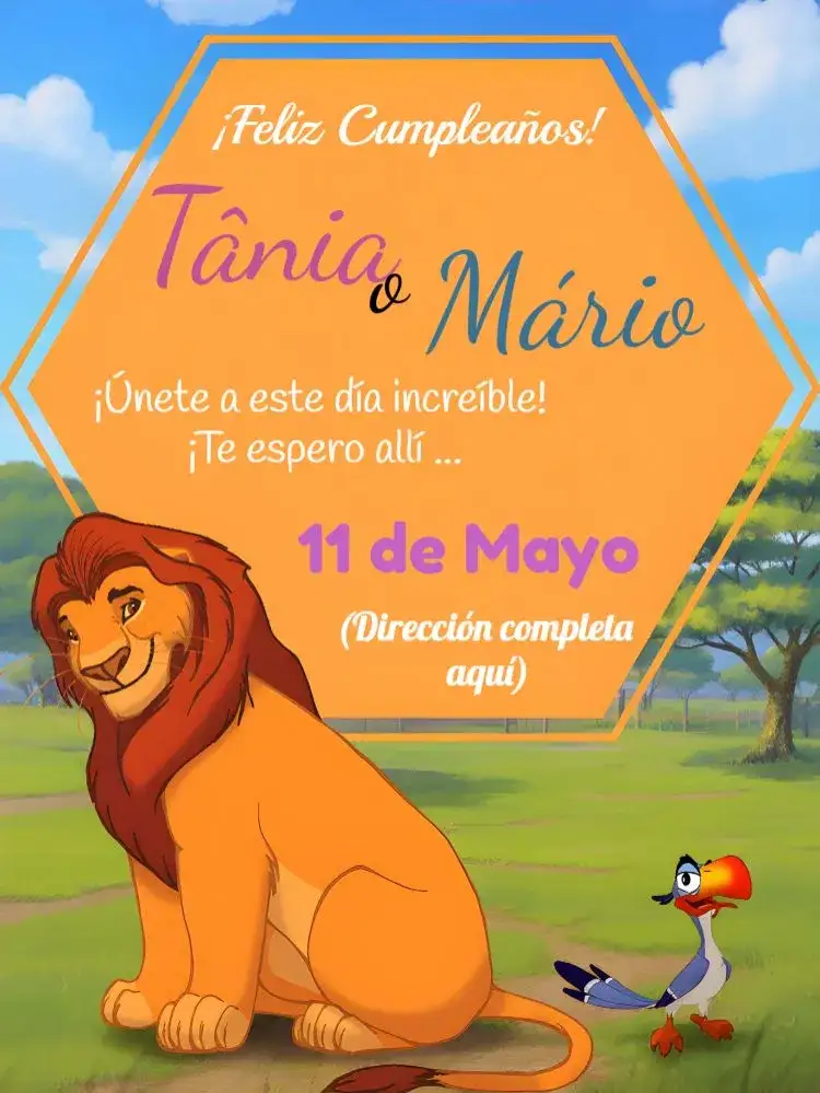 Invitación Rey León Dibujo – tema Cumpleaños Infantil vibrante, colorido, temática de safari, ilustraciones divertidas, estilo cartoon, elementos de la naturaleza