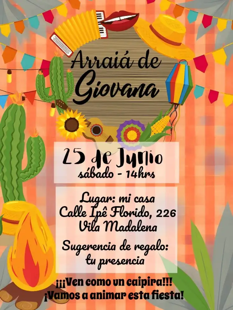 Invitación Arraiá Fiesta Junina Sertanejo – tema Fechas Conmemorativas colorido, tradicional, sertanejo, caipira, vibrante, festivo