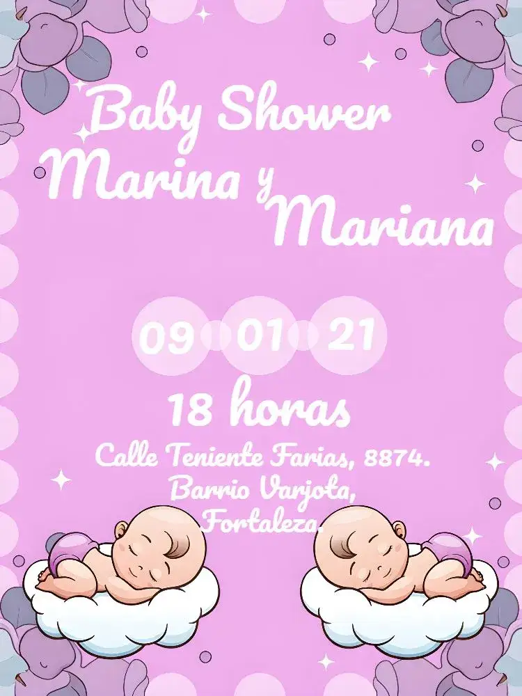 Invitación Baby Shower Gemelas Niñas – tema Baby Shower rosa y blanco, nubes, burbujas de jabón, infantil, delicado, modernito