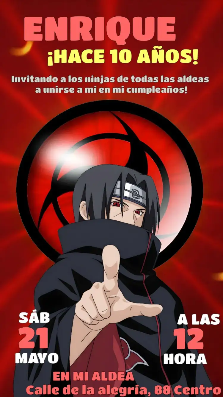 Invitación Itachi Naruto Rojo – tema Cumpleaños Infantil rojo vibrante, ninja, anime, aventura, joven, divertido
