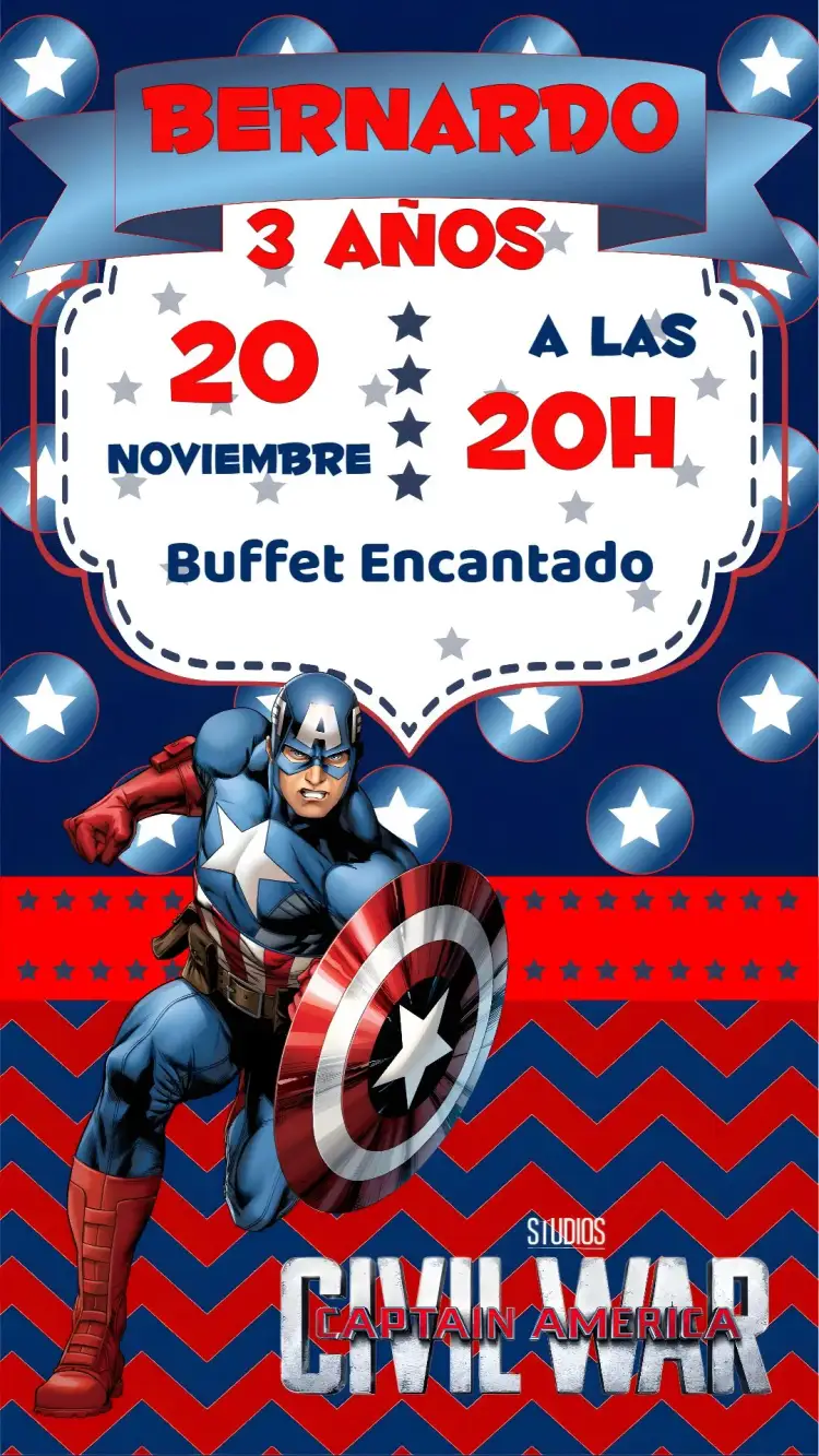 Invitación Capitán América – tema Cumpleaños Infantil azul, rojo, estilo cómic, superhéroes, moderno