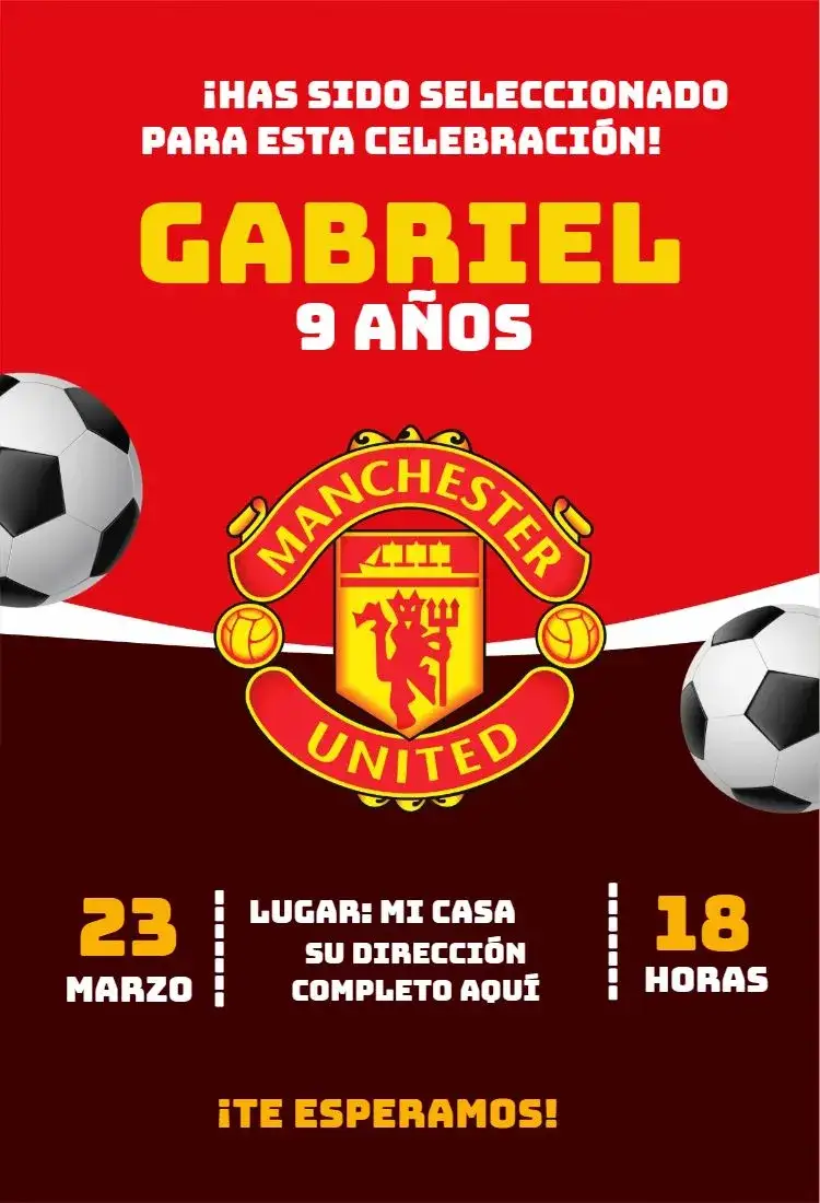 Invitación Manchester United 5 – tema Cumpleaños rojo y negro, fútbol, moderno, dinámico, deportivo