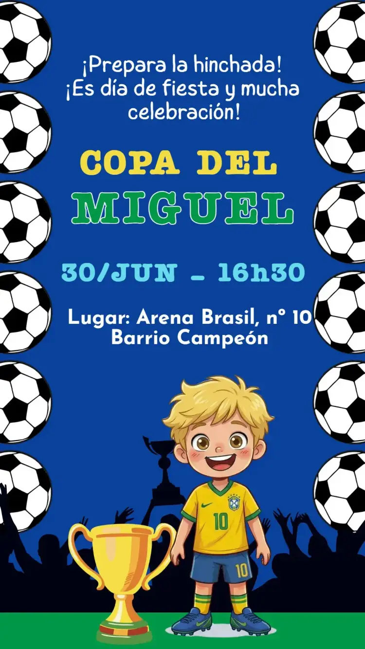 Invitación Invitación digital Copa del Mundo Fútbol Brasil – tema Cumpleaños Infantil fútbol, brasileño, colorido, divertido, temático, dinámico