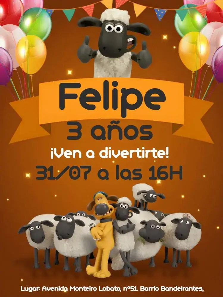 Invitación Shaun El Carnero Naranja – tema Más buscados colorido, divertido, temático, animado, infantil