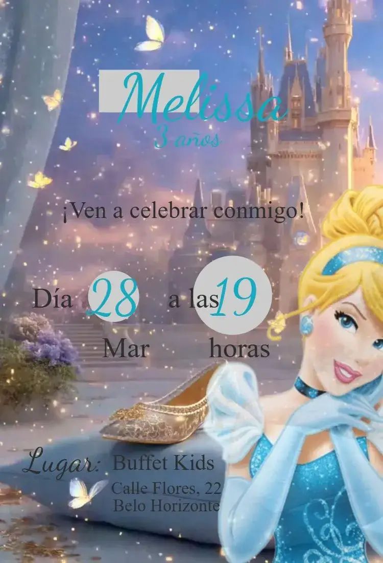 Invitación Invitación de Cenicienta – tema Cumpleaños mágico, princesa, brillo, azul celeste, estrellas, zapatito de cristal