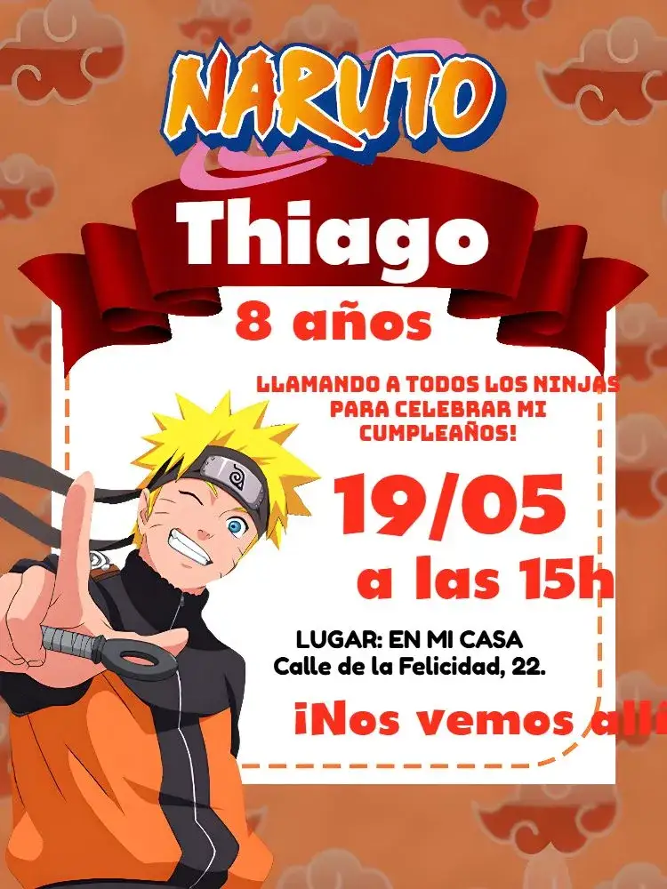 Invitación Naruto Rojo – tema Cumpleaños Infantil rojo, naranja, anime, ninja, aventura, temática