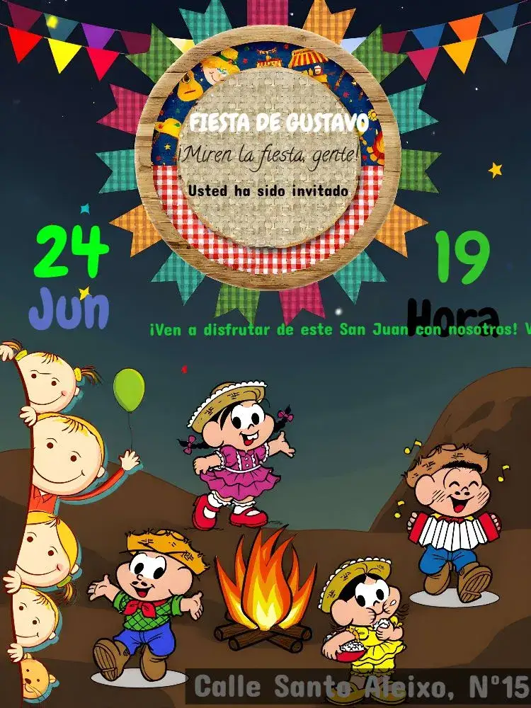 Invitación Arraiá Turma Da Mônica Junina – tema Cumpleaños Infantil junino, colorido, infantil, divertido, tropical, ilustración
