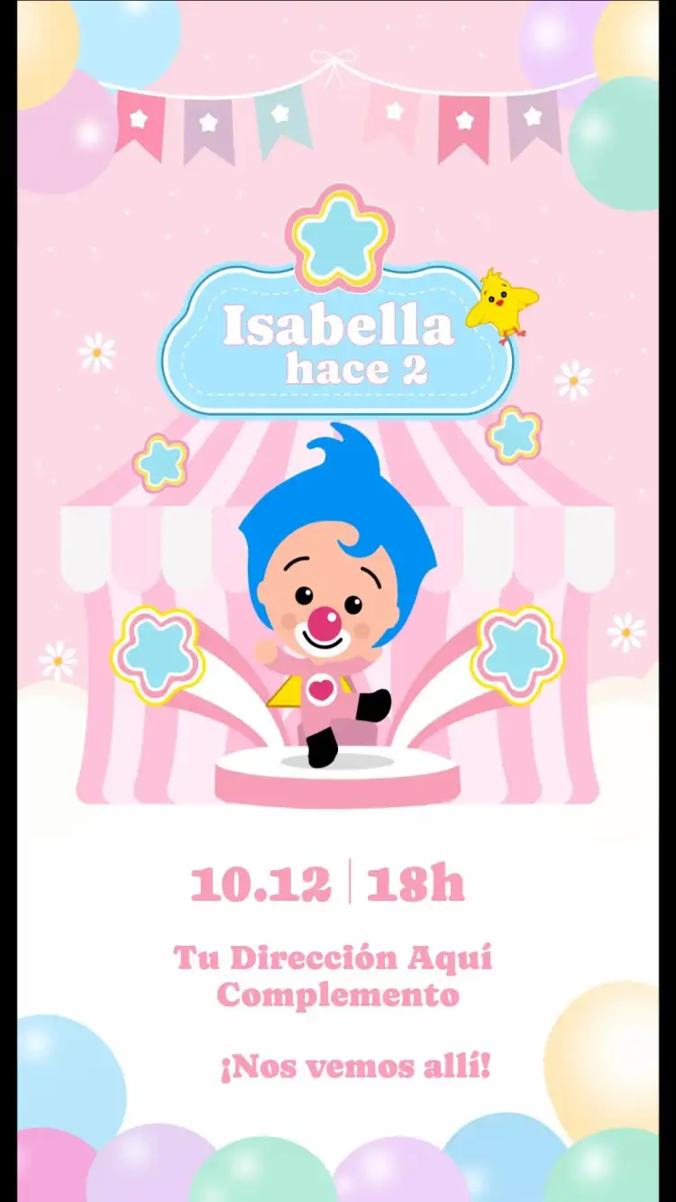 Invitación Plim Plim – tema Cumpleaños Infantil colores vibrantes, estilo circense, elementos gráficos divertidos, rosa y amarillo, ilustraciones infantiles, diseño alegre