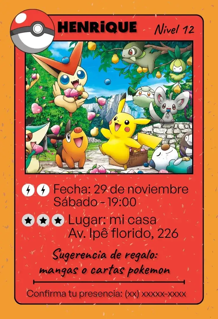 Invitación Card Pokemon – tema 15 años colorido, divertido, anime, jovial, temático
